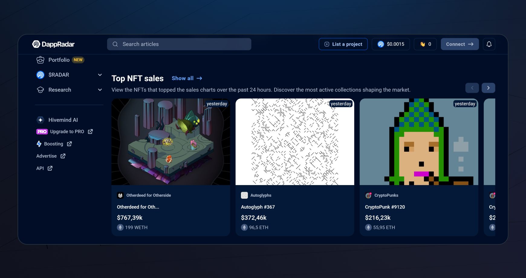 Продажа NFT на сайте Dappradar.com